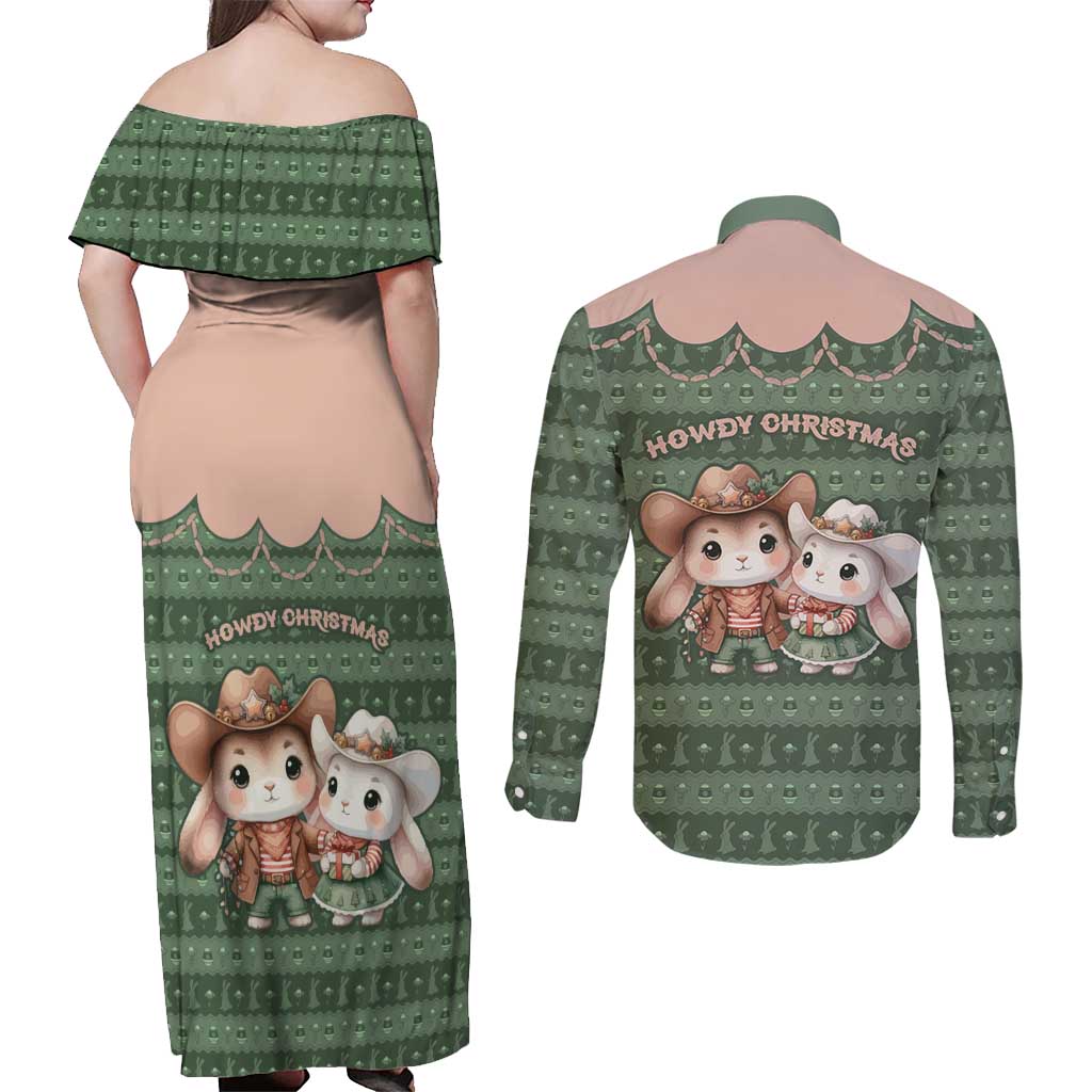 Western Yoke Couples Matching Off Shoulder Maxi Dress and Long Sleeve Button Shirt Rabbit Howdy Christmas - Wonder Print Shop