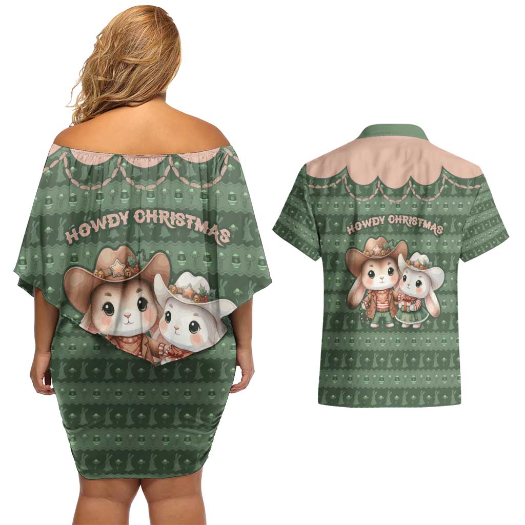 Western Yoke Couples Matching Off Shoulder Short Dress and Hawaiian Shirt Rabbit Howdy Christmas - Wonder Print Shop