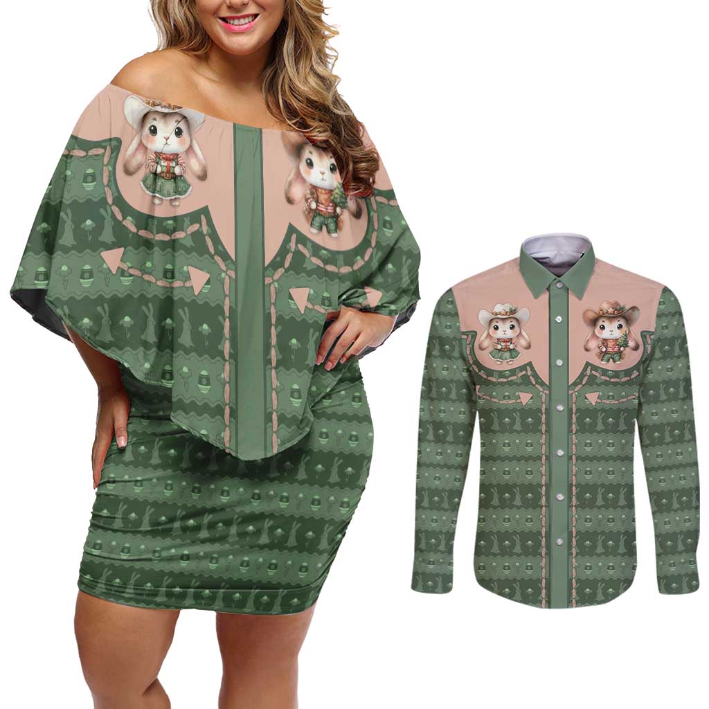 Western Yoke Couples Matching Off Shoulder Short Dress and Long Sleeve Button Shirt Rabbit Howdy Christmas - Wonder Print Shop
