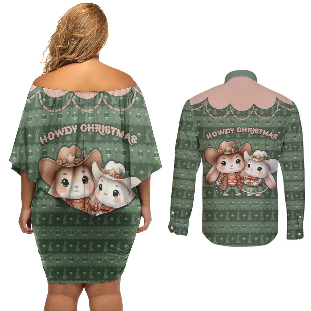 Western Yoke Couples Matching Off Shoulder Short Dress and Long Sleeve Button Shirt Rabbit Howdy Christmas - Wonder Print Shop