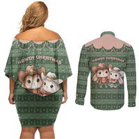 Western Yoke Couples Matching Off Shoulder Short Dress and Long Sleeve Button Shirt Rabbit Howdy Christmas - Wonder Print Shop