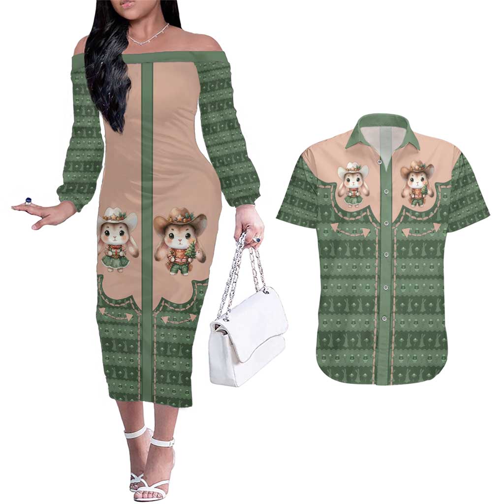 Western Yoke Couples Matching Off The Shoulder Long Sleeve Dress and Hawaiian Shirt Rabbit Howdy Christmas - Wonder Print Shop