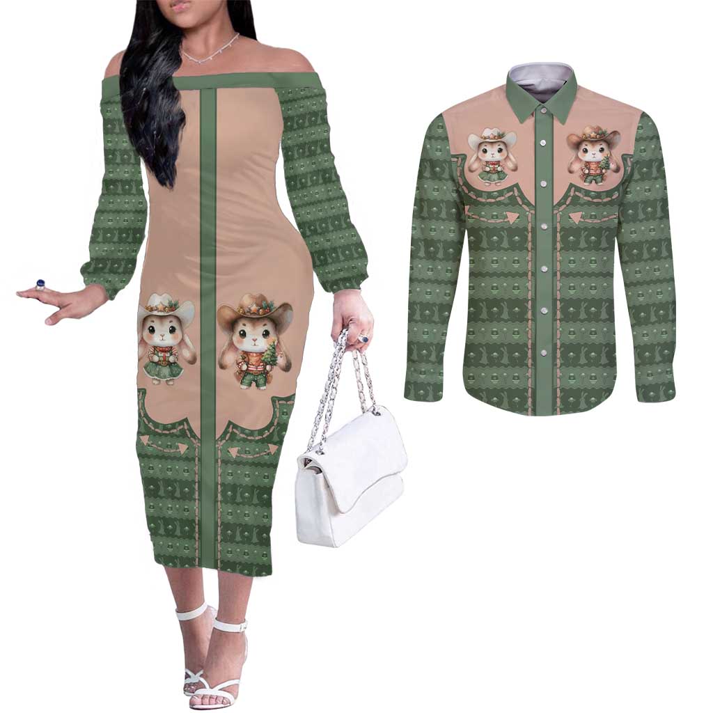 Western Yoke Couples Matching Off The Shoulder Long Sleeve Dress and Long Sleeve Button Shirt Rabbit Howdy Christmas - Wonder Print Shop