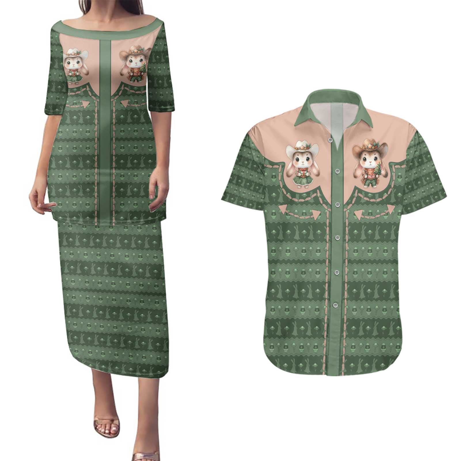 Western Yoke Couples Matching Puletasi and Hawaiian Shirt Rabbit Howdy Christmas - Wonder Print Shop