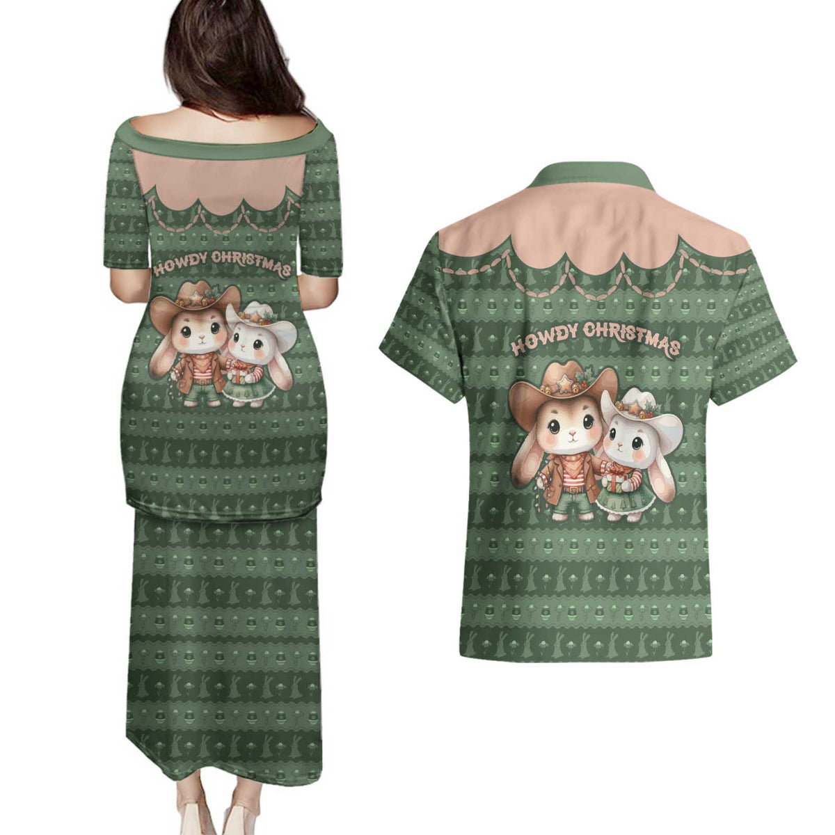 Western Yoke Couples Matching Puletasi and Hawaiian Shirt Rabbit Howdy Christmas - Wonder Print Shop