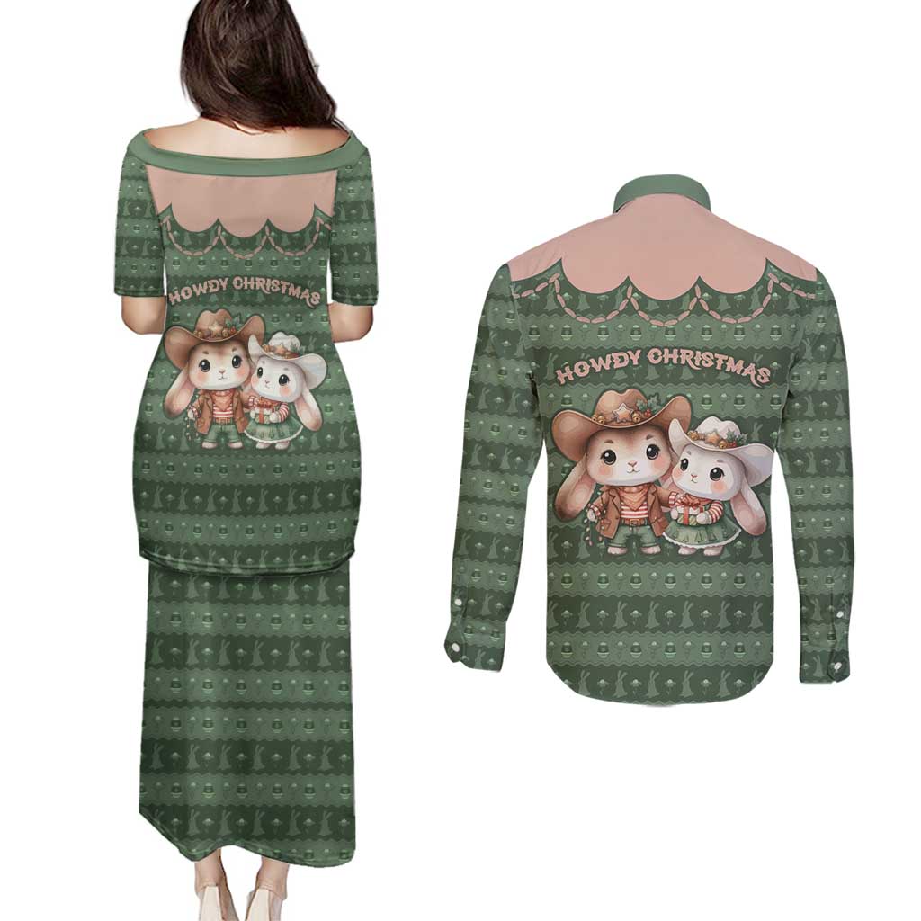 Western Yoke Couples Matching Puletasi and Long Sleeve Button Shirt Rabbit Howdy Christmas - Wonder Print Shop
