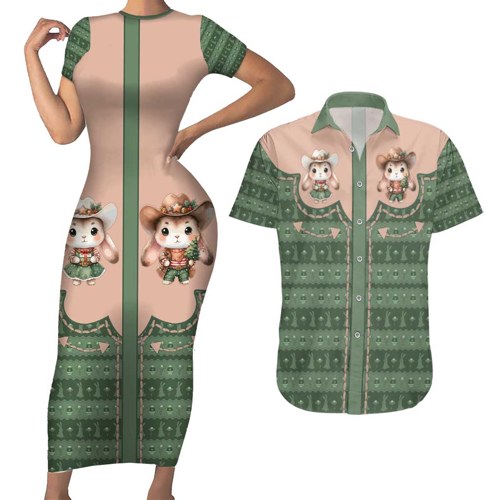 Western Yoke Couples Matching Short Sleeve Bodycon Dress and Hawaiian Shirt Rabbit Howdy Christmas - Wonder Print Shop