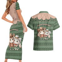 Western Yoke Couples Matching Short Sleeve Bodycon Dress and Hawaiian Shirt Rabbit Howdy Christmas - Wonder Print Shop