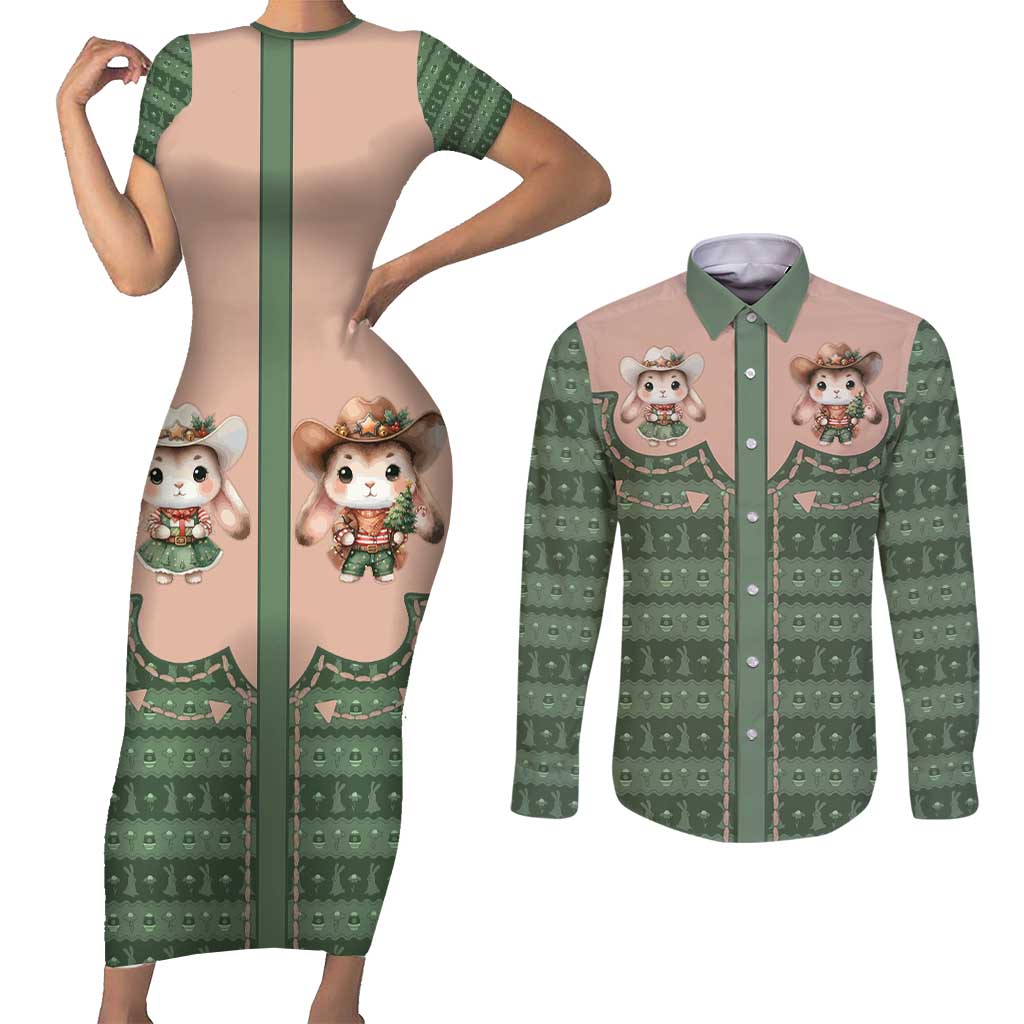 Western Yoke Couples Matching Short Sleeve Bodycon Dress and Long Sleeve Button Shirt Rabbit Howdy Christmas - Wonder Print Shop
