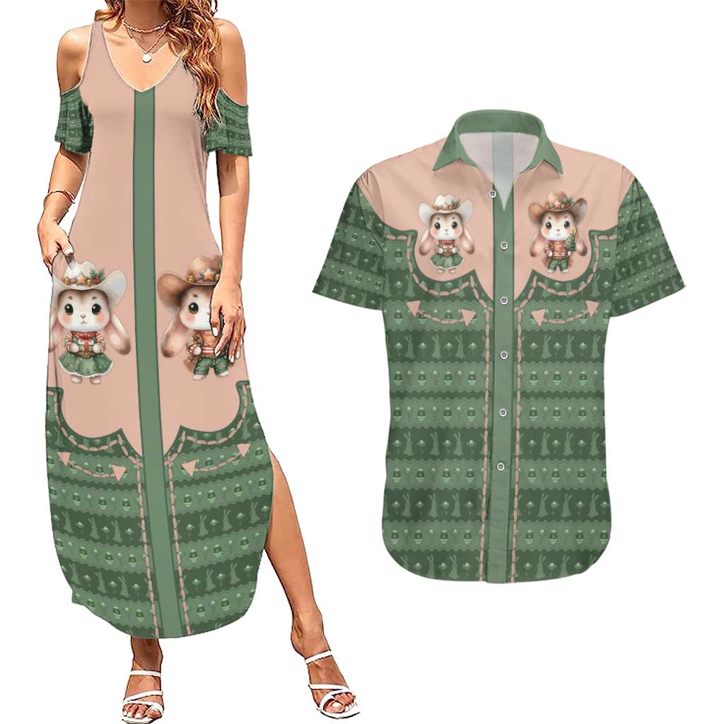 Western Yoke Couples Matching Summer Maxi Dress and Hawaiian Shirt Rabbit Howdy Christmas - Wonder Print Shop