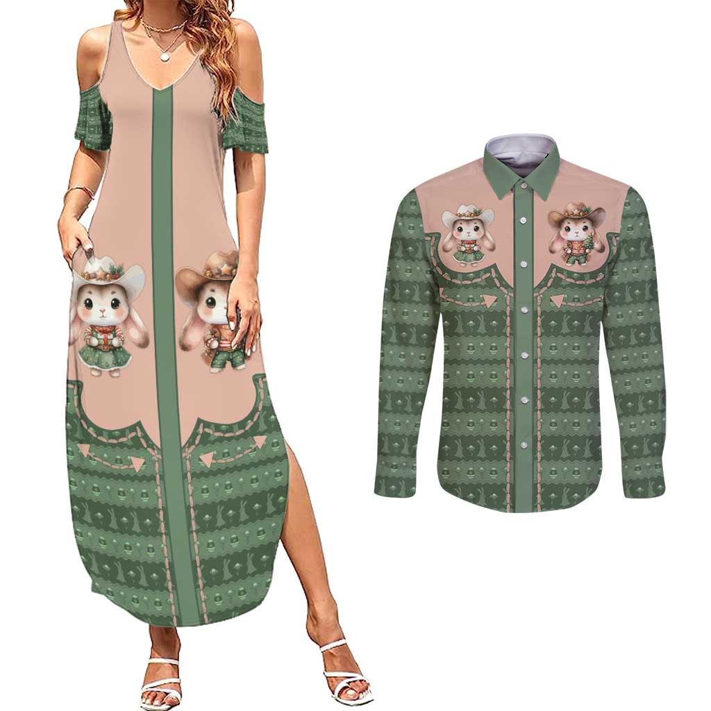Western Yoke Couples Matching Summer Maxi Dress and Long Sleeve Button Shirt Rabbit Howdy Christmas - Wonder Print Shop