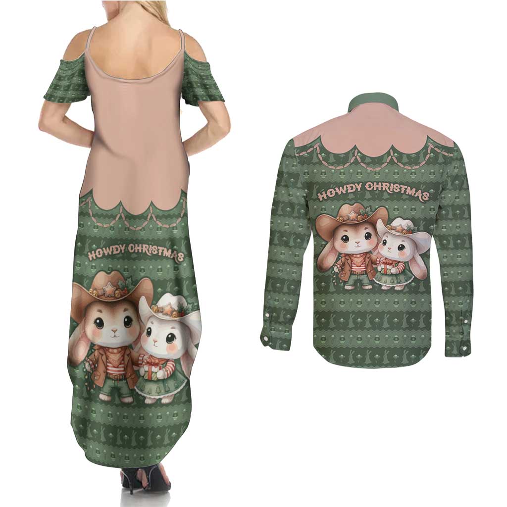 Western Yoke Couples Matching Summer Maxi Dress and Long Sleeve Button Shirt Rabbit Howdy Christmas - Wonder Print Shop