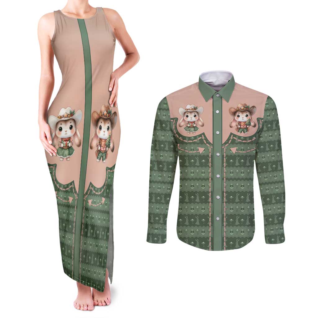 Western Yoke Couples Matching Tank Maxi Dress and Long Sleeve Button Shirt Rabbit Howdy Christmas - Wonder Print Shop