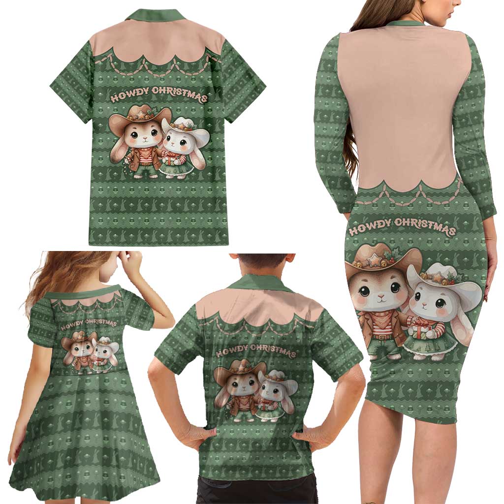 Western Yoke Family Matching Long Sleeve Bodycon Dress and Hawaiian Shirt Rabbit Howdy Christmas - Wonder Print Shop