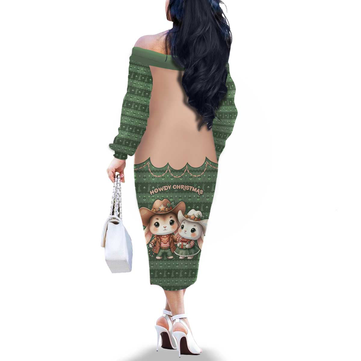 Western Yoke Family Matching Off The Shoulder Long Sleeve Dress and Hawaiian Shirt Rabbit Howdy Christmas - Wonder Print Shop