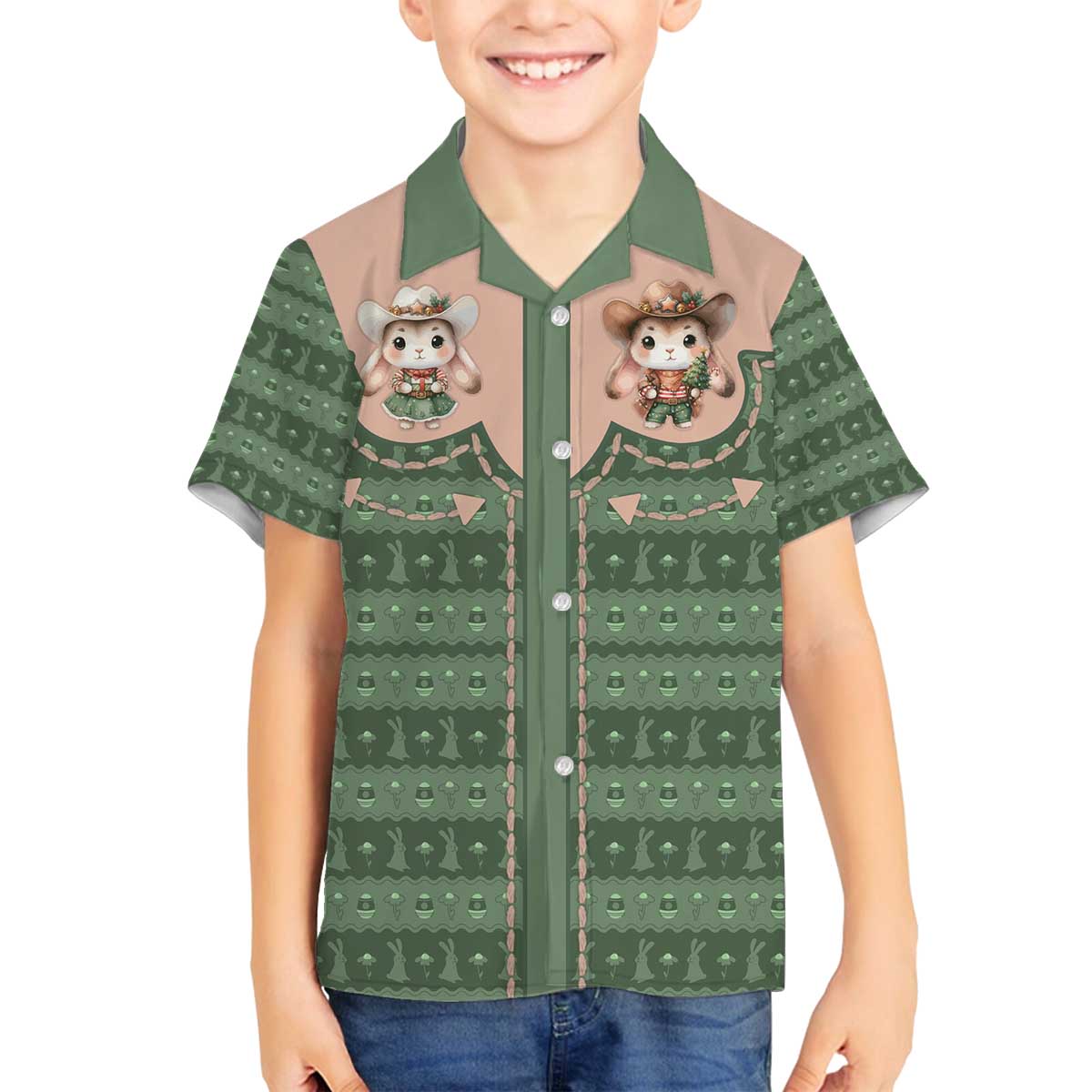 Western Yoke Family Matching Off The Shoulder Long Sleeve Dress and Hawaiian Shirt Rabbit Howdy Christmas - Wonder Print Shop