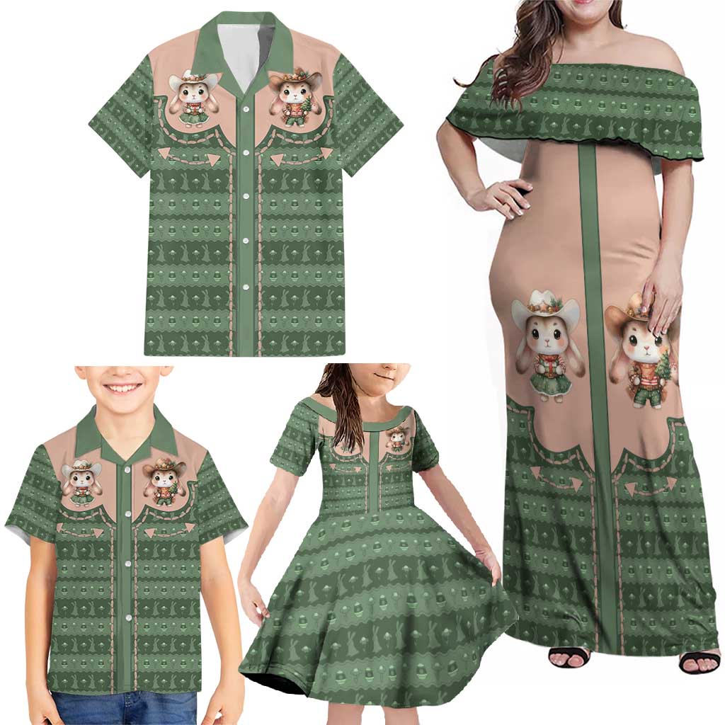 Western Yoke Family Matching Off Shoulder Maxi Dress and Hawaiian Shirt Rabbit Howdy Christmas - Wonder Print Shop