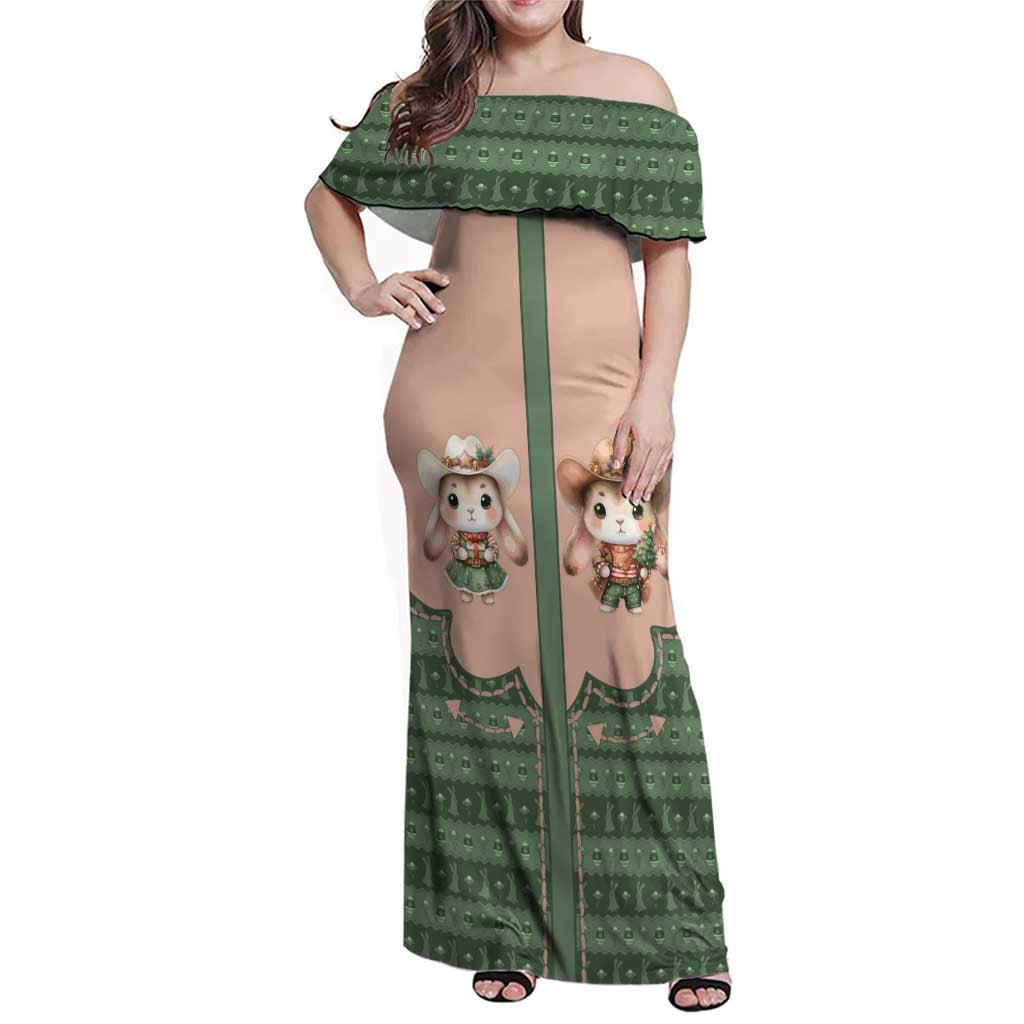 Western Yoke Family Matching Off Shoulder Maxi Dress and Hawaiian Shirt Rabbit Howdy Christmas - Wonder Print Shop