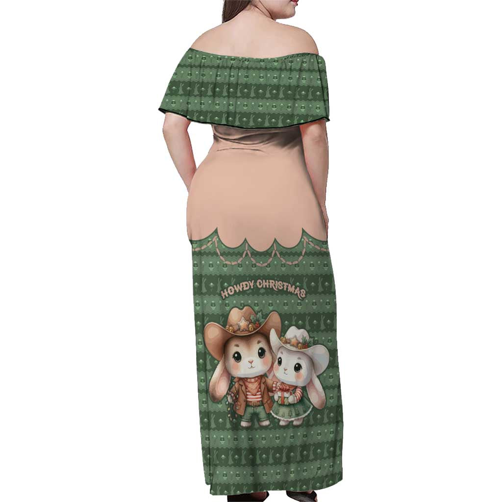 Western Yoke Family Matching Off Shoulder Maxi Dress and Hawaiian Shirt Rabbit Howdy Christmas - Wonder Print Shop