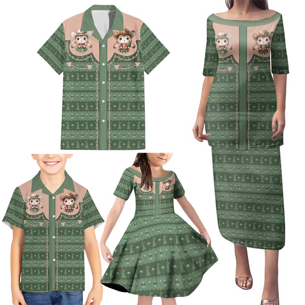 Western Yoke Family Matching Puletasi and Hawaiian Shirt Rabbit Howdy Christmas - Wonder Print Shop