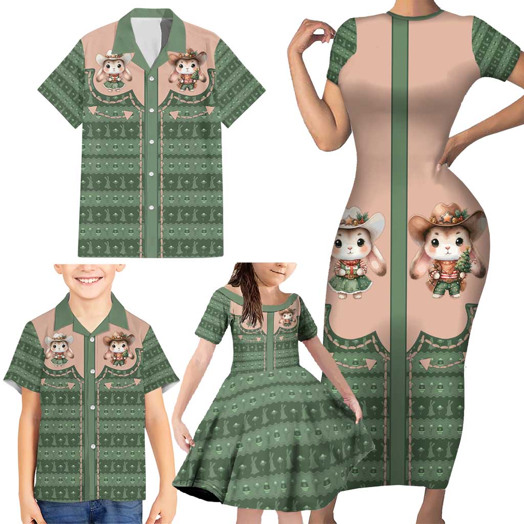Western Yoke Family Matching Short Sleeve Bodycon Dress and Hawaiian Shirt Rabbit Howdy Christmas - Wonder Print Shop