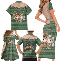 Western Yoke Family Matching Short Sleeve Bodycon Dress and Hawaiian Shirt Rabbit Howdy Christmas - Wonder Print Shop