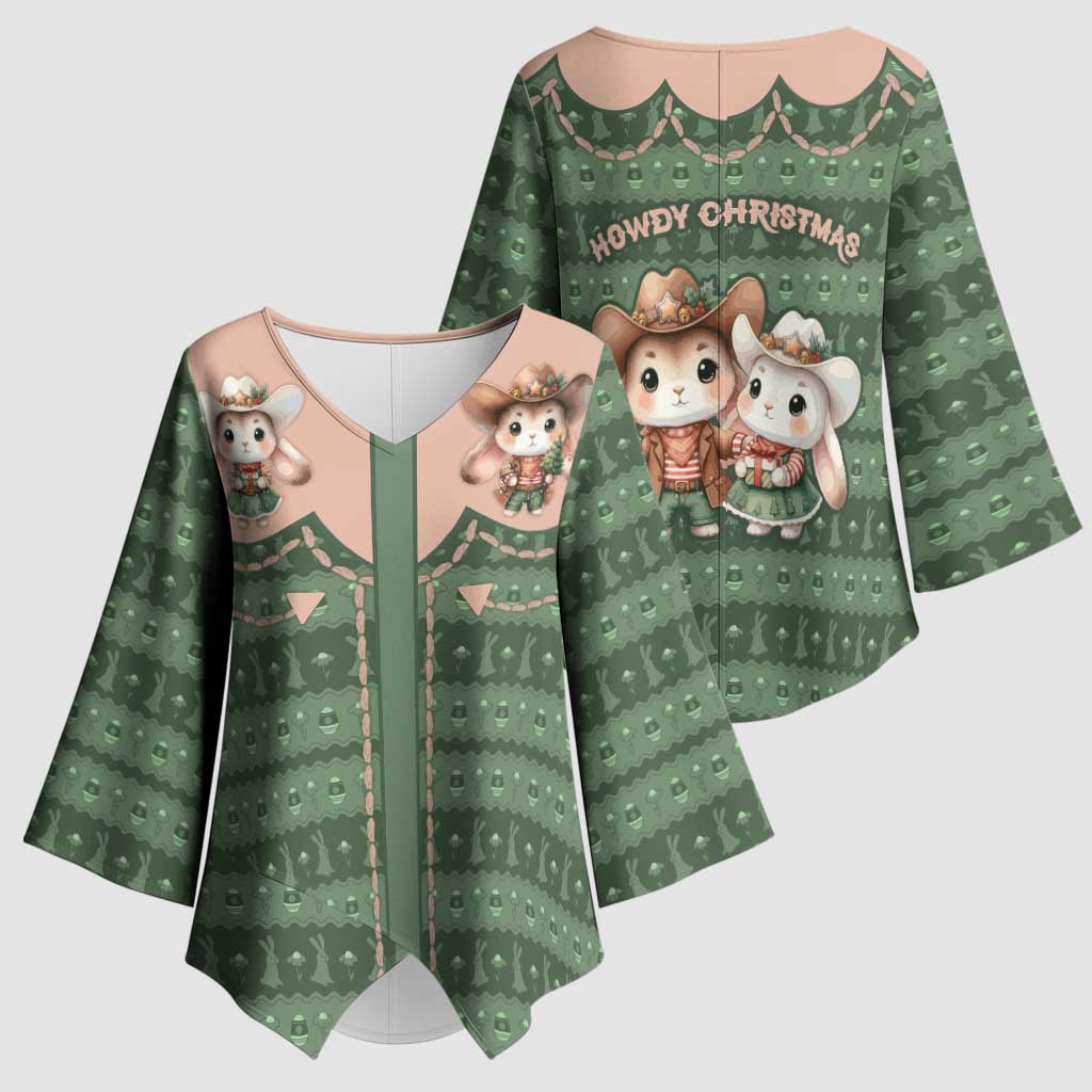 Western Yoke Kimono Sleeve Blouse Rabbit Howdy Christmas - Wonder Print Shop