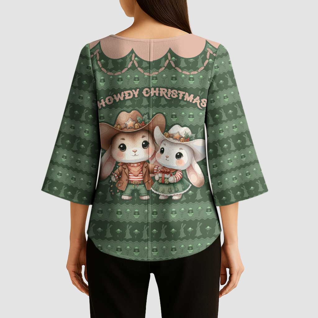 Western Yoke Kimono Sleeve Blouse Rabbit Howdy Christmas - Wonder Print Shop