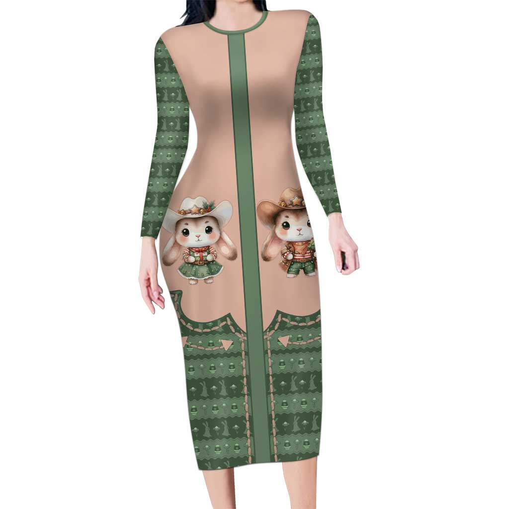Western Yoke Long Sleeve Bodycon Dress Rabbit Howdy Christmas - Wonder Print Shop