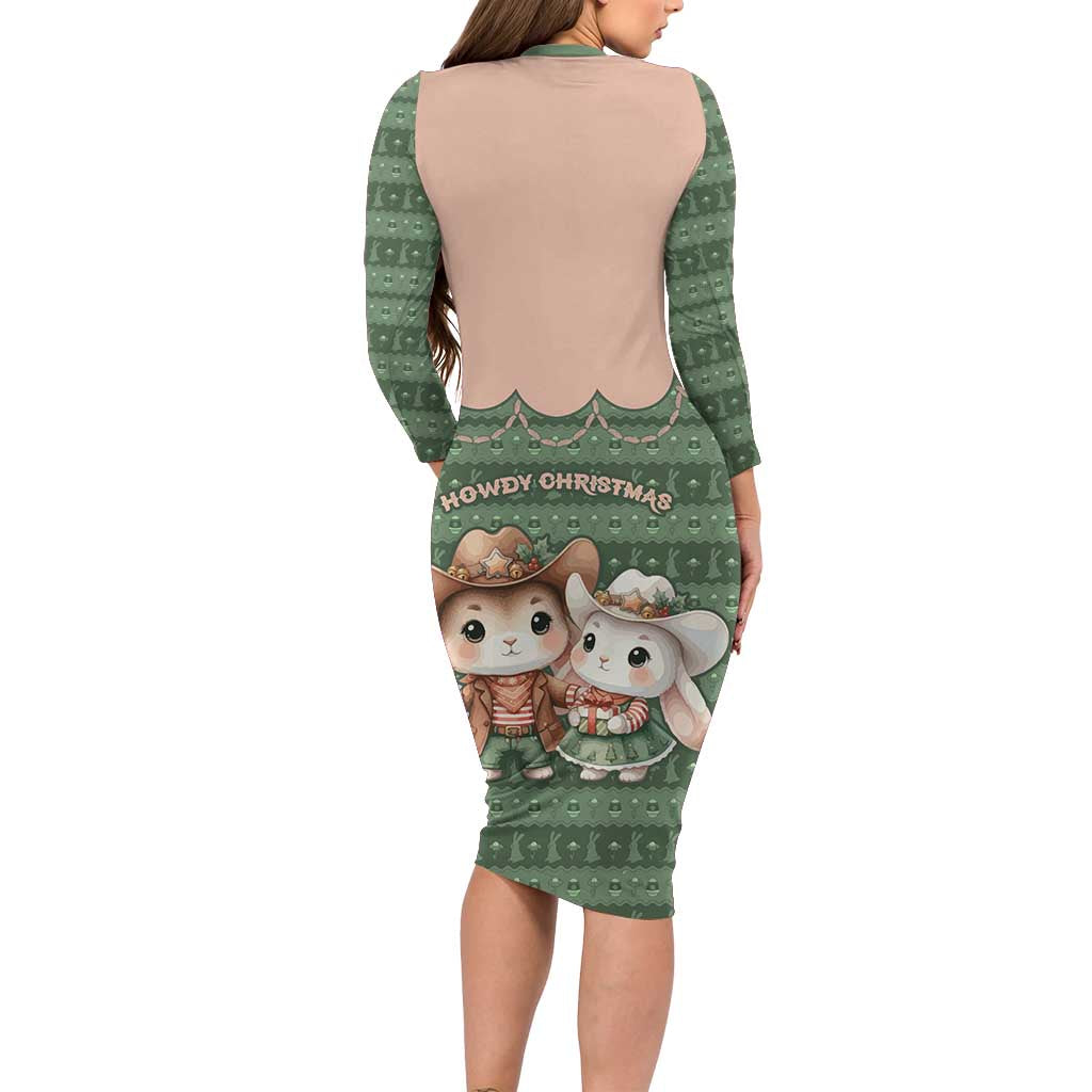 Western Yoke Long Sleeve Bodycon Dress Rabbit Howdy Christmas - Wonder Print Shop