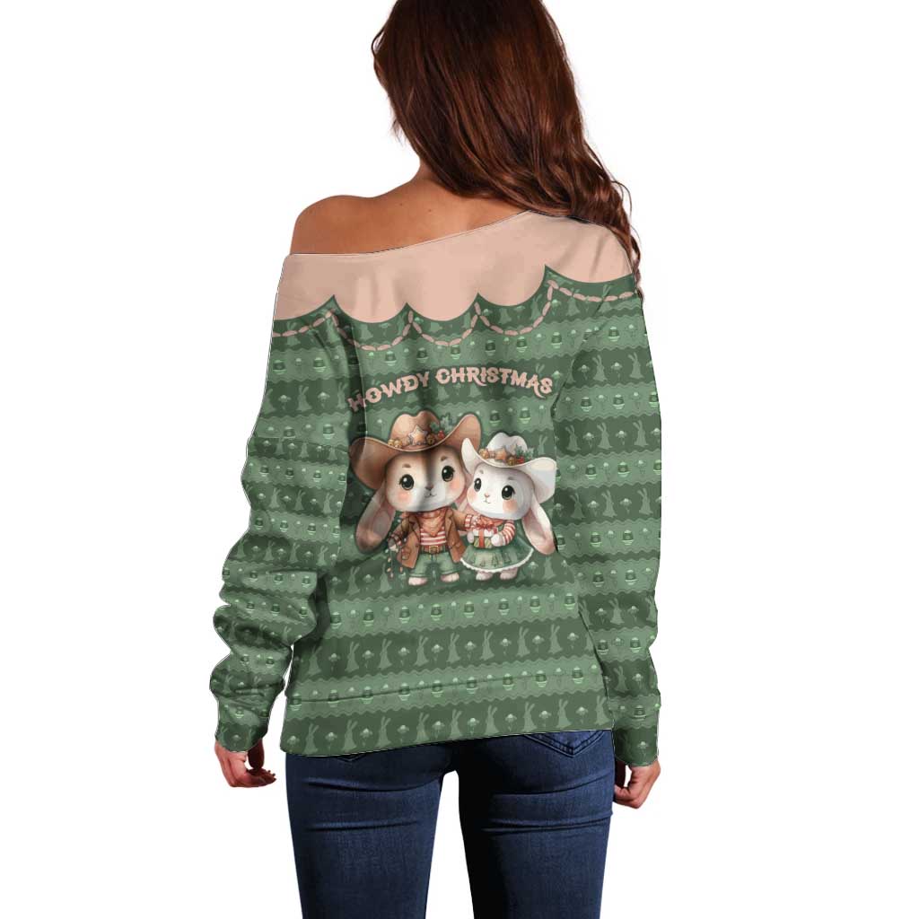 Western Yoke Off Shoulder Sweater Rabbit Howdy Christmas - Wonder Print Shop