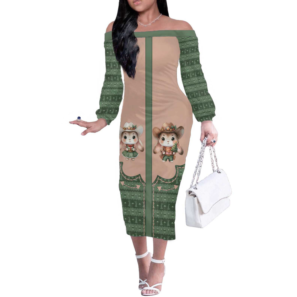 Western Yoke Off The Shoulder Long Sleeve Dress Rabbit Howdy Christmas - Wonder Print Shop
