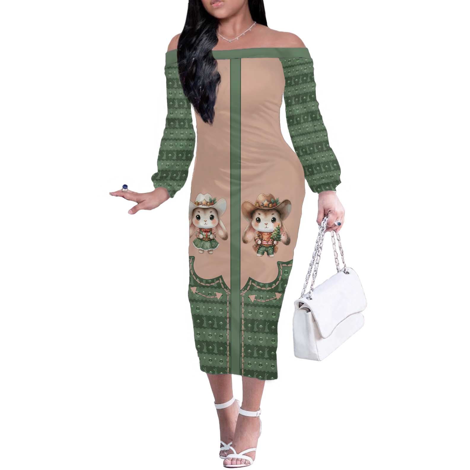 Western Yoke Off The Shoulder Long Sleeve Dress Rabbit Howdy Christmas - Wonder Print Shop