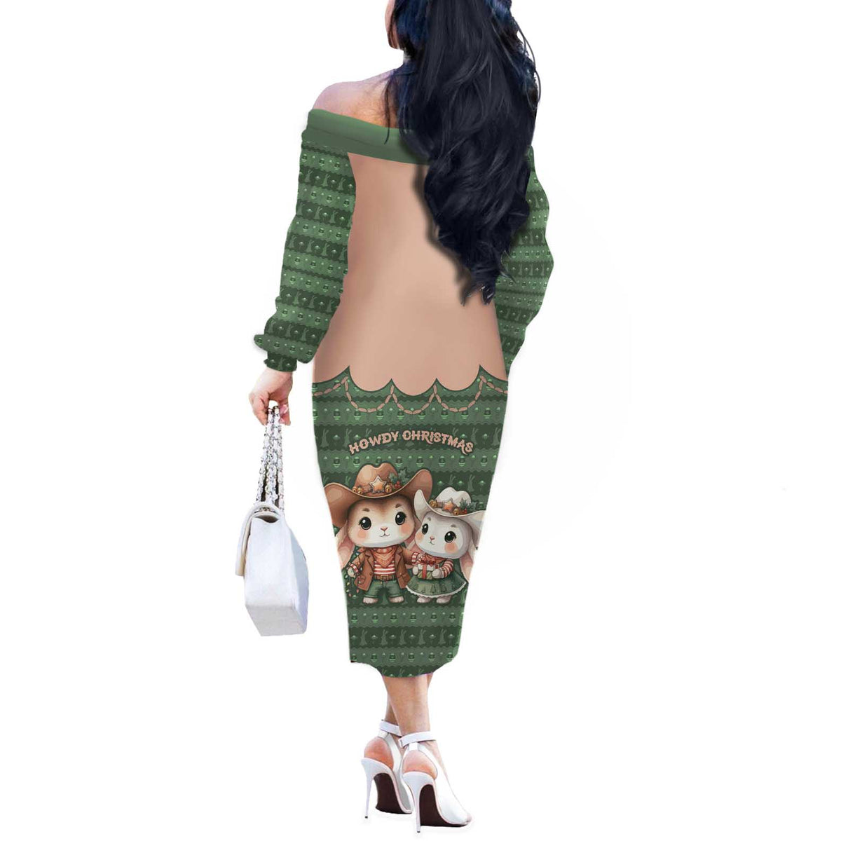 Western Yoke Off The Shoulder Long Sleeve Dress Rabbit Howdy Christmas - Wonder Print Shop