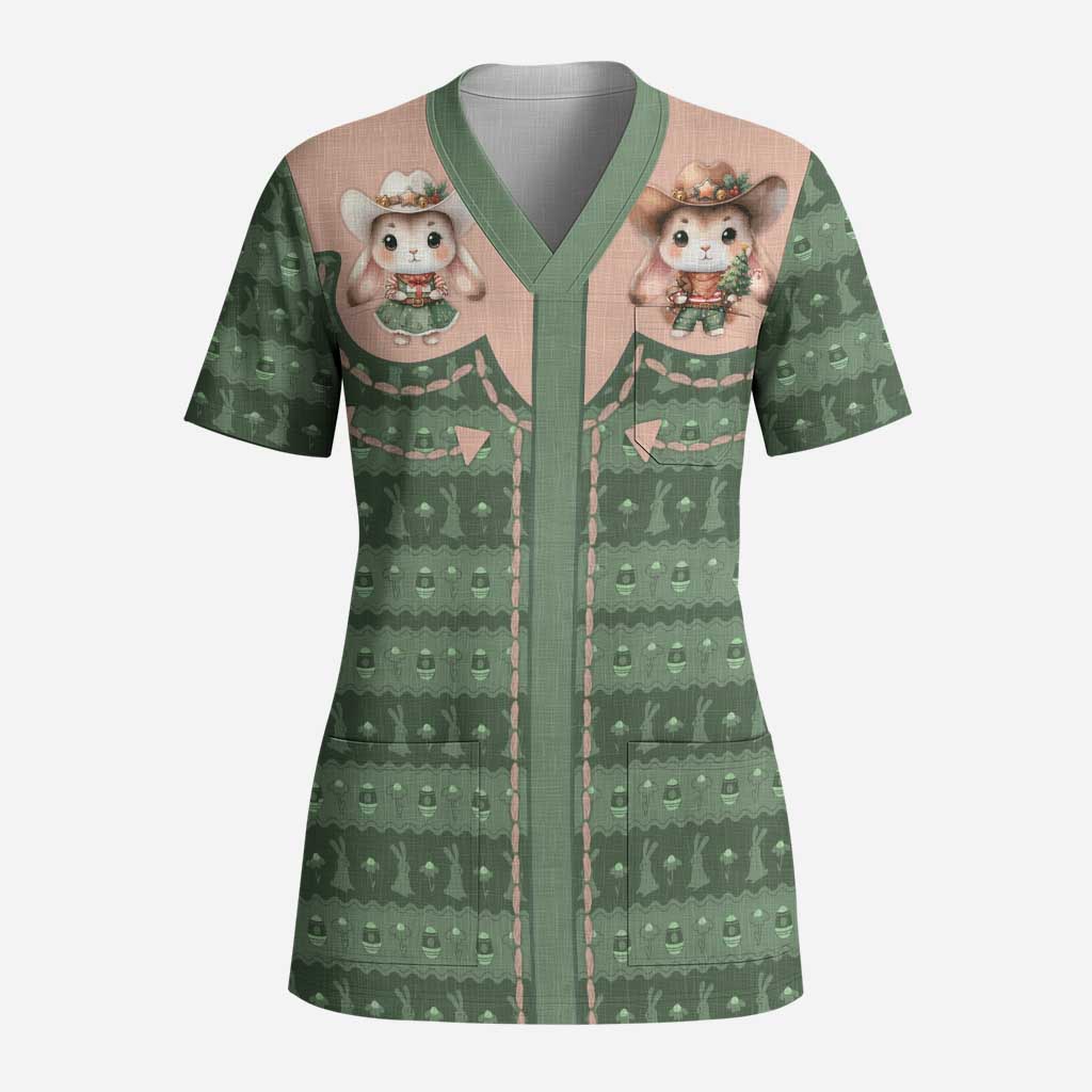 Western Yoke Scrub Top Rabbit Howdy Christmas - Wonder Print Shop