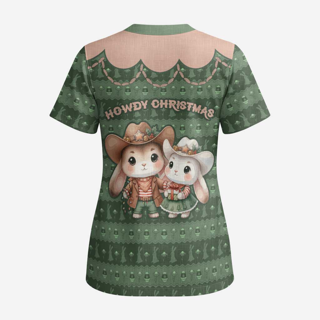 Western Yoke Scrub Top Rabbit Howdy Christmas - Wonder Print Shop