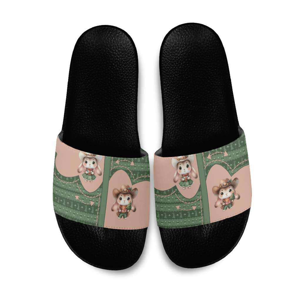 Western Yoke Slide Sandals Rabbit Howdy Christmas - Wonder Print Shop