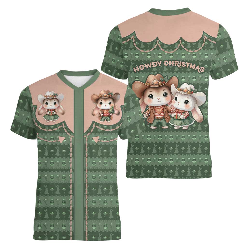 Western Yoke Women V-Neck T-Shirt Rabbit Howdy Christmas - Wonder Print Shop