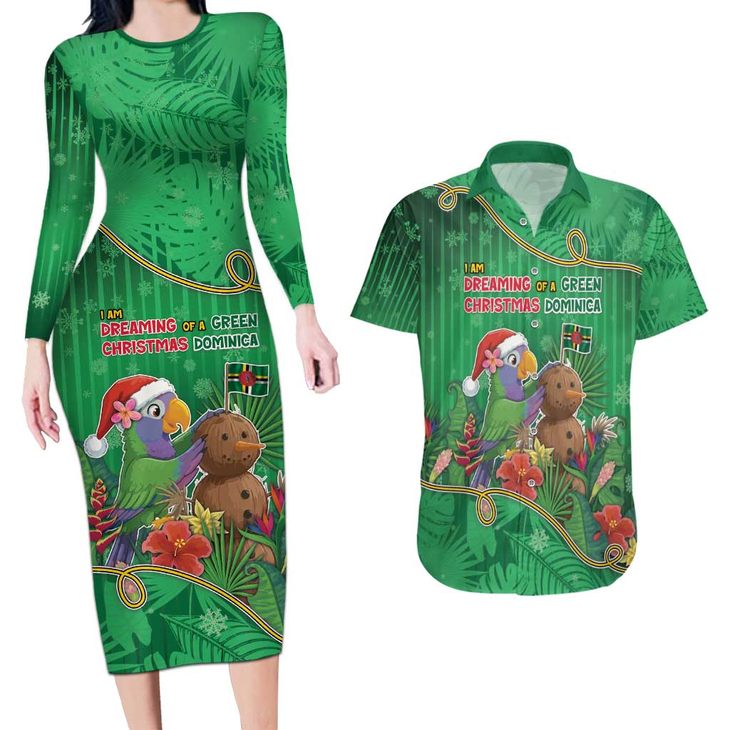 Dominica Christmas Couples Matching Long Sleeve Bodycon Dress and Hawaiian Shirt I Am Dreaming Of A Green Christmas - Wonder Print Shop