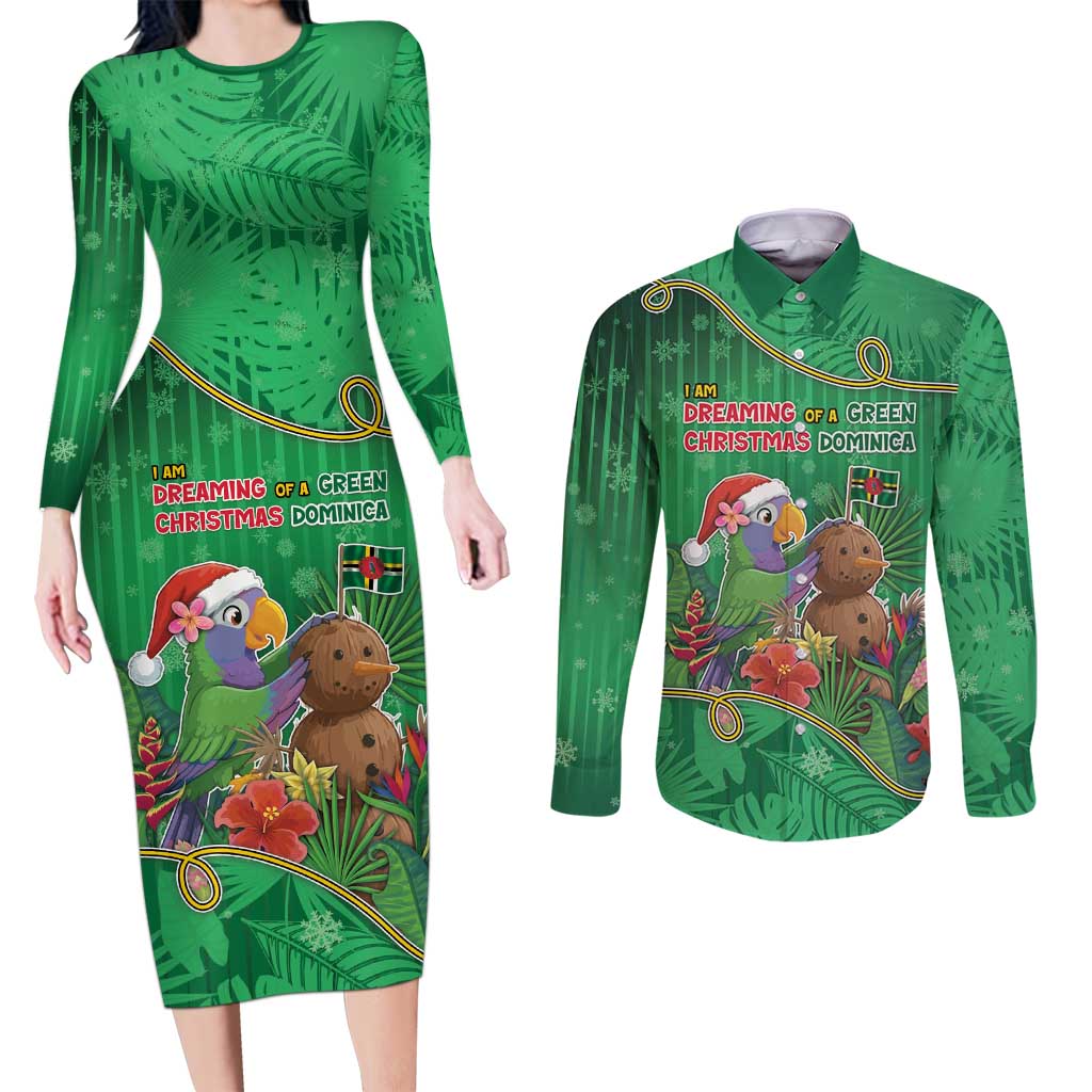 Dominica Christmas Couples Matching Long Sleeve Bodycon Dress and Long Sleeve Button Shirt I Am Dreaming Of A Green Christmas - Wonder Print Shop