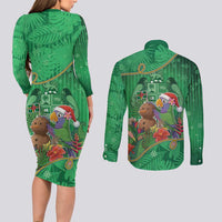 Dominica Christmas Couples Matching Long Sleeve Bodycon Dress and Long Sleeve Button Shirt I Am Dreaming Of A Green Christmas - Wonder Print Shop