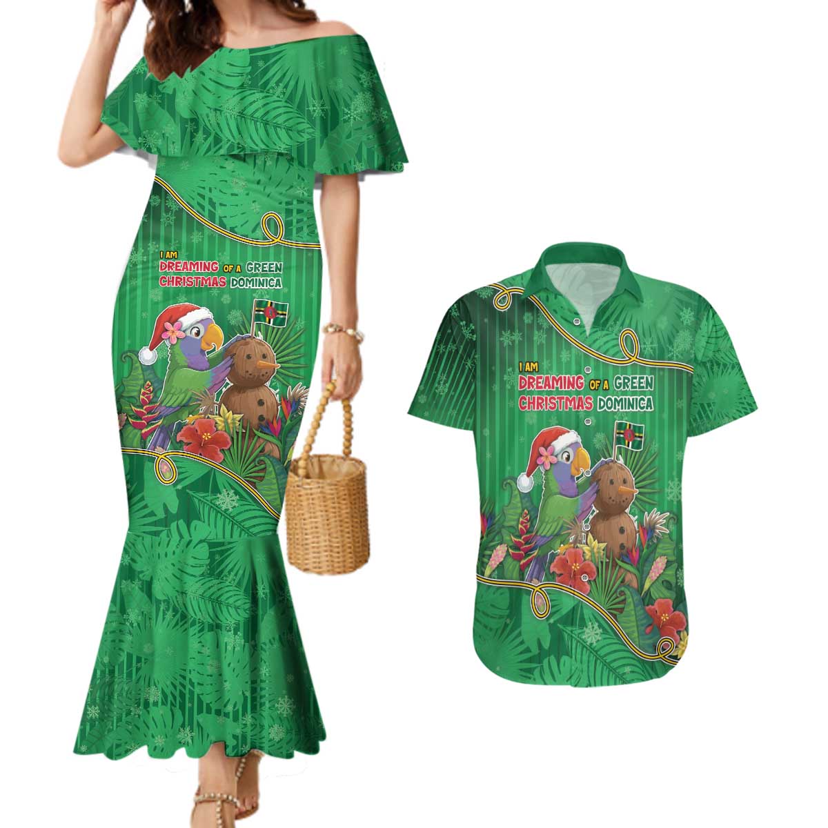 Dominica Christmas Couples Matching Mermaid Dress and Hawaiian Shirt I Am Dreaming Of A Green Christmas - Wonder Print Shop