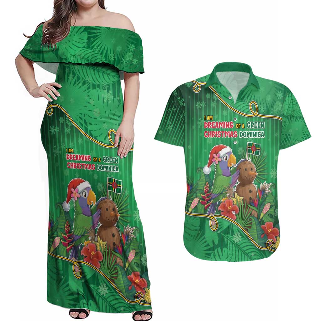 Dominica Christmas Couples Matching Off Shoulder Maxi Dress and Hawaiian Shirt I Am Dreaming Of A Green Christmas - Wonder Print Shop
