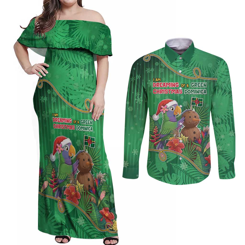 Dominica Christmas Couples Matching Off Shoulder Maxi Dress and Long Sleeve Button Shirt I Am Dreaming Of A Green Christmas - Wonder Print Shop