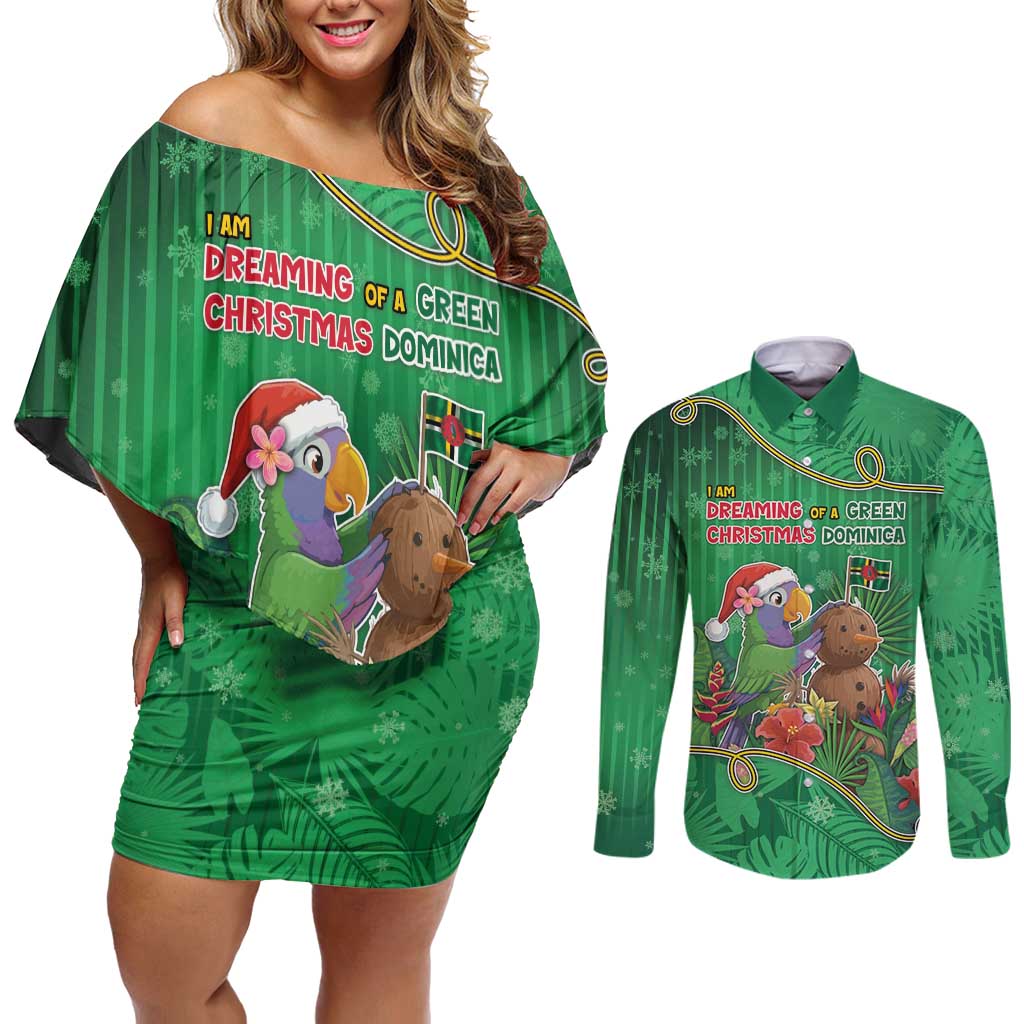 Dominica Christmas Couples Matching Off Shoulder Short Dress and Long Sleeve Button Shirt I Am Dreaming Of A Green Christmas - Wonder Print Shop
