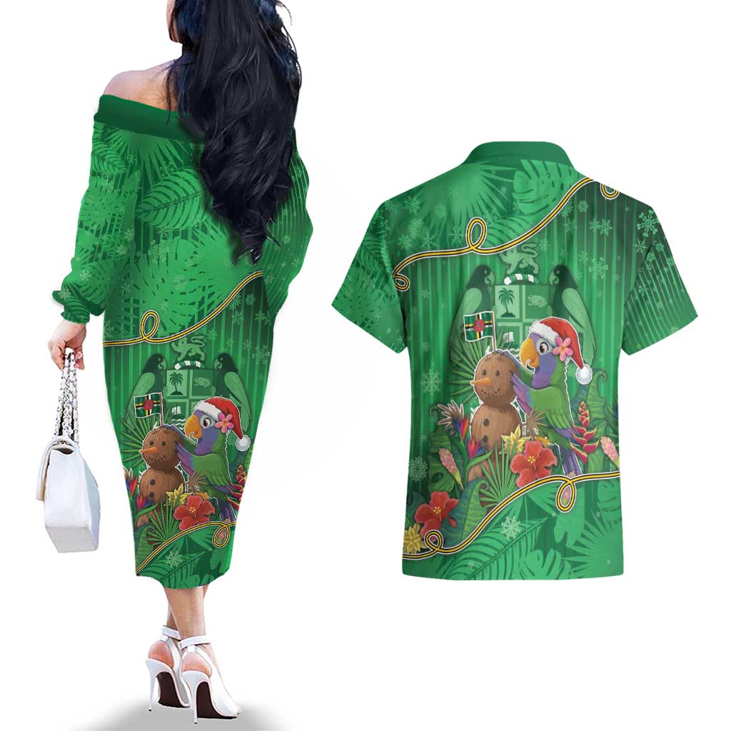 Dominica Christmas Couples Matching Off The Shoulder Long Sleeve Dress and Hawaiian Shirt I Am Dreaming Of A Green Christmas - Wonder Print Shop
