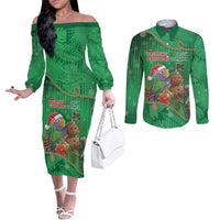 Dominica Christmas Couples Matching Off The Shoulder Long Sleeve Dress and Long Sleeve Button Shirt I Am Dreaming Of A Green Christmas - Wonder Print Shop