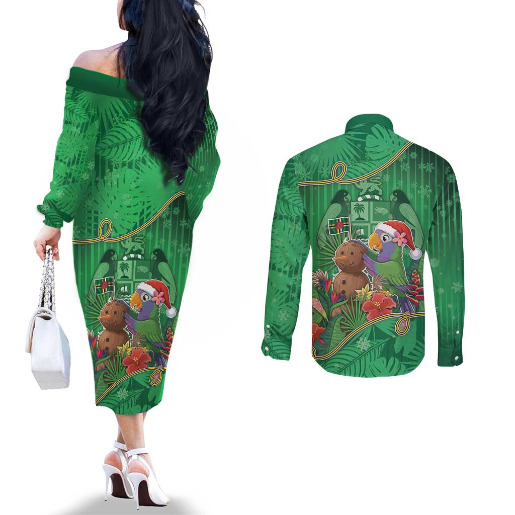 Dominica Christmas Couples Matching Off The Shoulder Long Sleeve Dress and Long Sleeve Button Shirt I Am Dreaming Of A Green Christmas - Wonder Print Shop