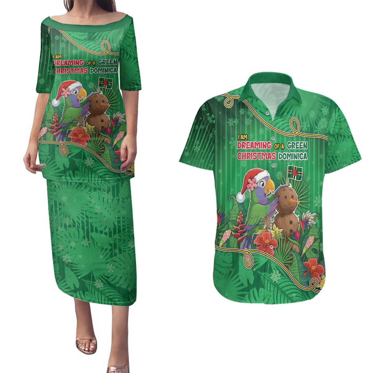 Dominica Christmas Couples Matching Puletasi and Hawaiian Shirt I Am Dreaming Of A Green Christmas - Wonder Print Shop