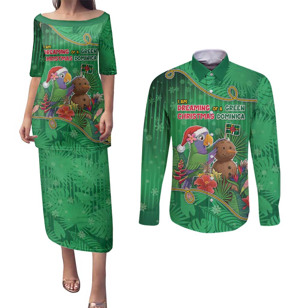Dominica Christmas Couples Matching Puletasi and Long Sleeve Button Shirt I Am Dreaming Of A Green Christmas - Wonder Print Shop